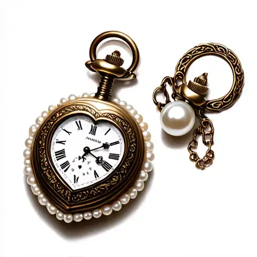 A heart-shaped pocket watch with a white pearl border, pointing to midnight. tattoo design idea