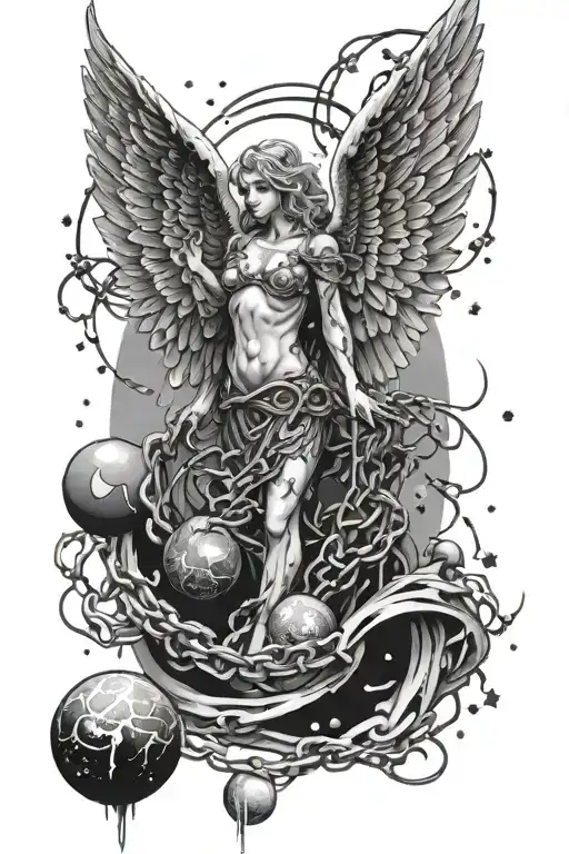 Angel wings from a fallen Angel in chains breaking and bursting. With Planets and stars tattoo design idea