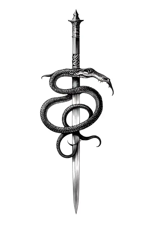 Black and white vertical tattoo, a snake wrapped around a sword, with fine lines and subtle details tattoo design idea