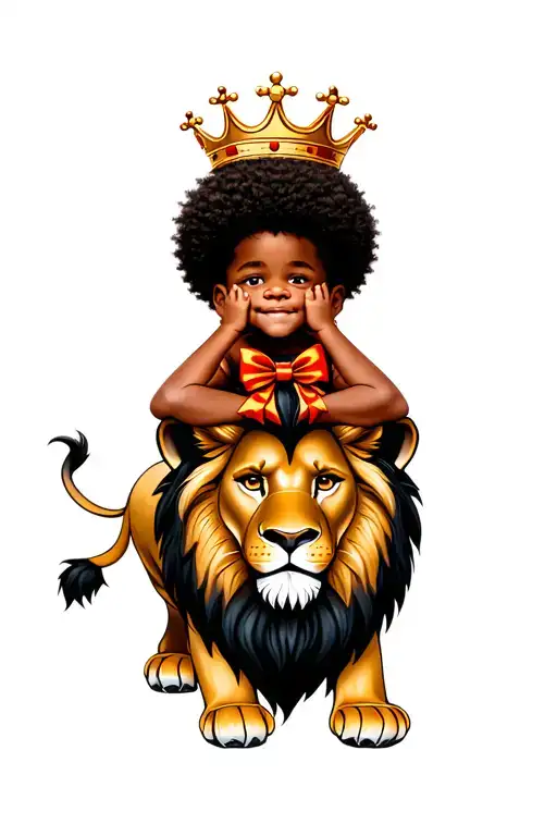 African America boy with Afro bow sitting on a lion with his hands on his cheeks and a crown on his head  tattoo design idea