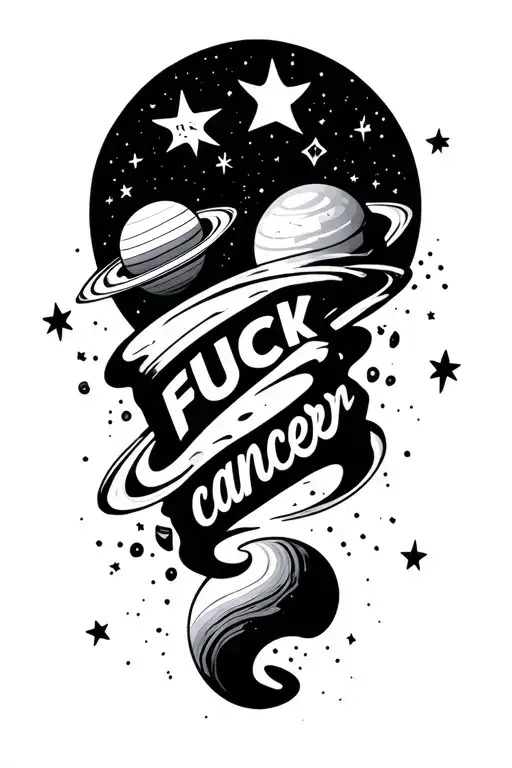 "FUCK cancer" "FUCK cancer"  stars and planets floating around with words In the middle wavey  tattoo design idea