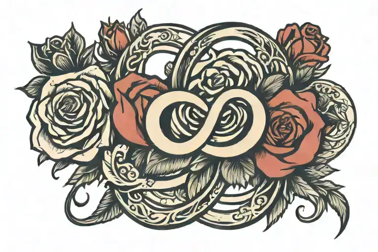 infinity symbol with rose and heart shape tattoo design idea
