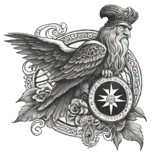 Odin with compass and rose and "family" written tattoo design idea
