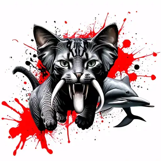 3 playing cards, one with aggressive cat, second with aggressive elephant, third with aggressive dolphin  tattoo design idea