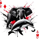 3 playing cards, one with aggressive cat, second with aggressive elephant, third with aggressive dolphin  tattoo design idea