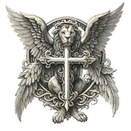 Cross with angel and lion wings tattoo design idea