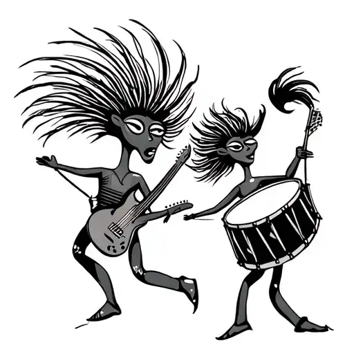kokopelli dolls dancing, one with crazy hair and a guitar, the other with shorter hair and a drum, thin line style tattoo design idea
