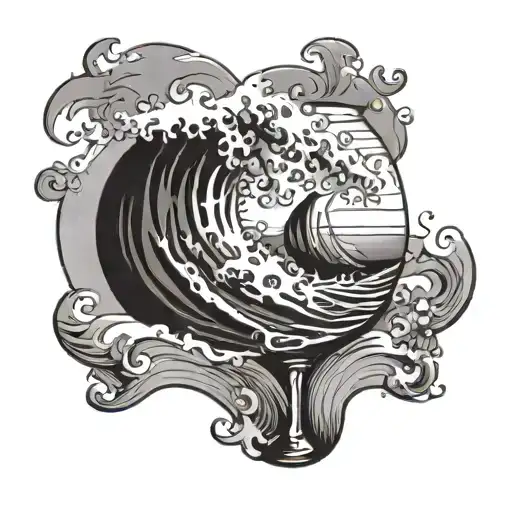 A wave with a sun in the trough of the wave. In the sun a glass of wine tattoo design idea