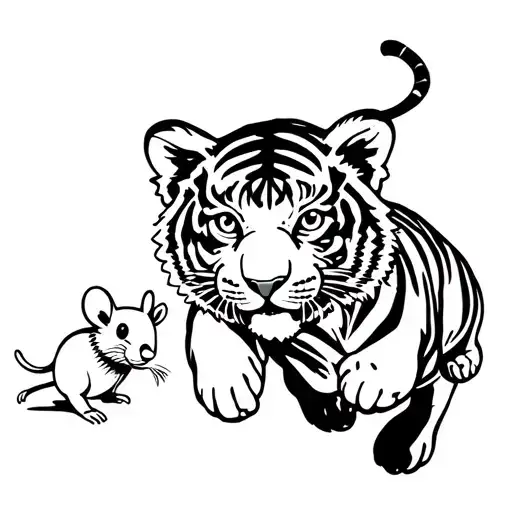Tiger cub and a mouse jumping forward looking at us tattoo design idea