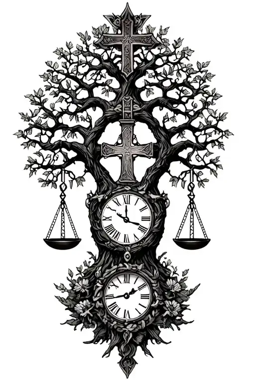 "McCullough  Robbs " gothic tree of life intertwined with cross, libra scales and a clock  tattoo design idea