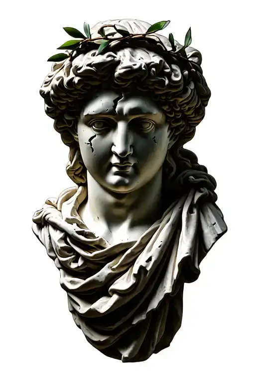 broken Roman bust sculpture with olive branches and drapes tattoo design idea