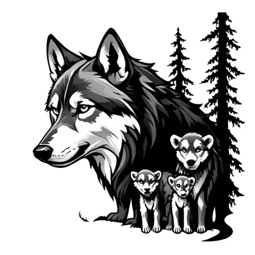 norse wolf with 3 cubs + tree tribal tattoo tattoo design idea