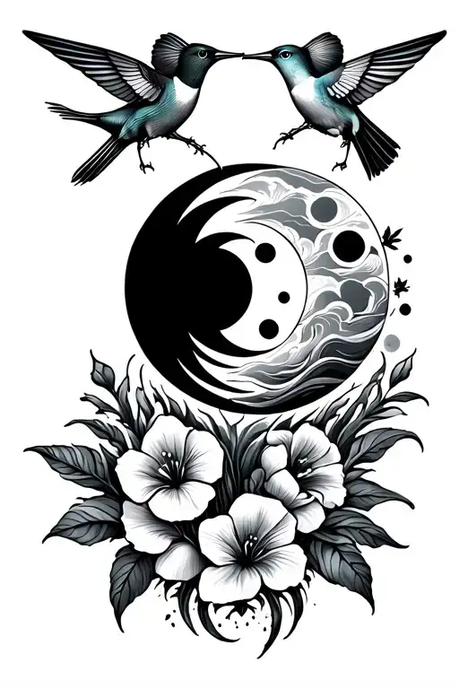 straight line vertical spine tattoo with sweet pea flowers, hummingbird, moon phases, the sun, waves, mountains,  tattoo design idea