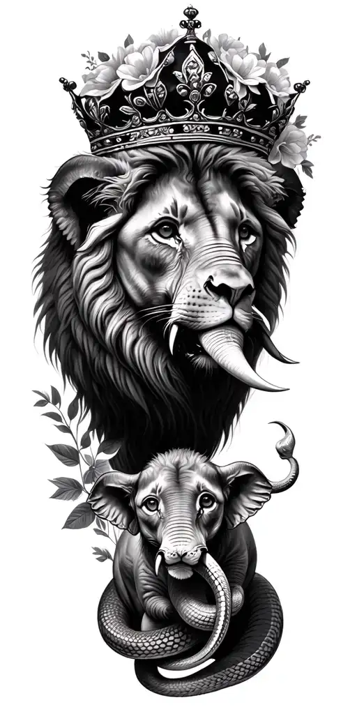 lion and cub with crown elephant and snakes with flowers tattoo design idea