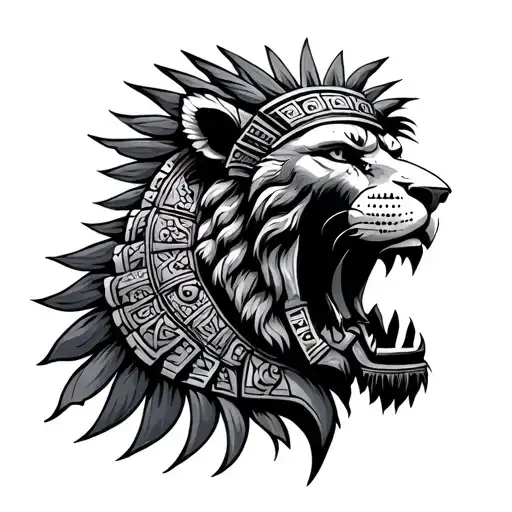 Aztec warrior inside Lion's mouth tattoo design idea