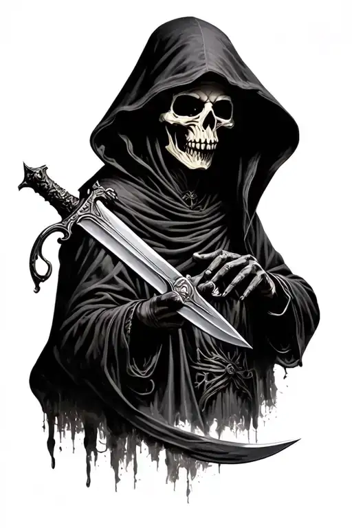 Hooded Grim Reaper with most of skull hidden inspecting a dagger tattoo design idea