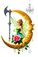 Tinkerbell fairy, crescent moon,  rose, axe, chandelier  tattoo design idea
