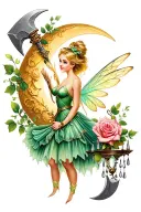 Tinkerbell fairy, crescent moon,  rose, axe, chandelier  tattoo design idea