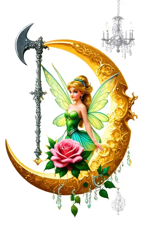 Tinkerbell fairy, crescent moon,  rose, axe, chandelier  tattoo design idea
