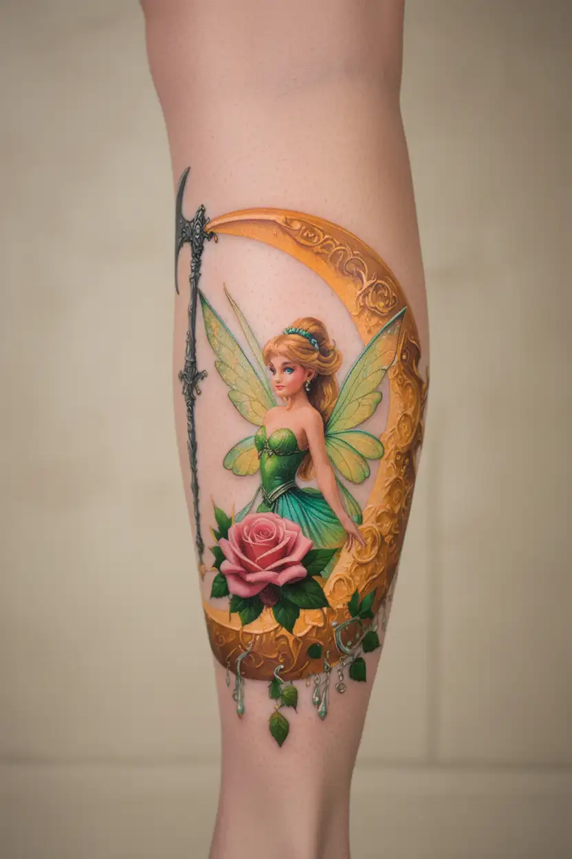 Tinkerbell fairy, crescent moon,  rose, axe, chandelier  tattoo design idea