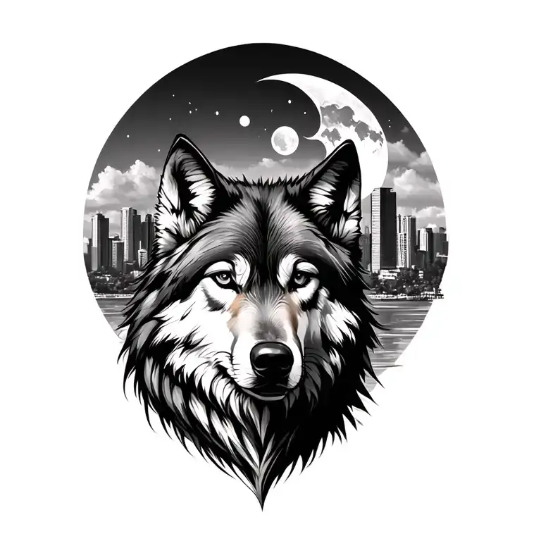 wolf, wood, moon, miami skyline inside tattoo design idea