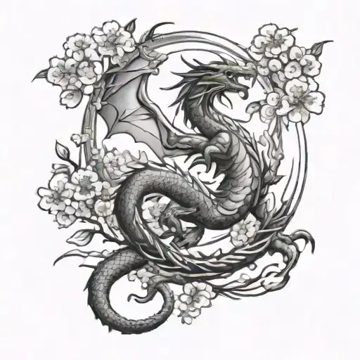 A black-grey tattoo of a dragon breathing fire onto a field of cherry blossom trees with sword and Greek mythology  tattoo design idea