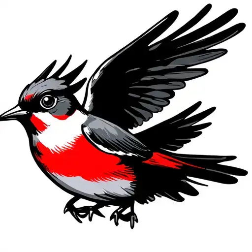 A friendly-looking swallow flying downward to the right, in Polka-Trash tattoo style with sketchy lines, red and black s tattoo design idea