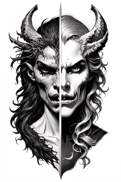 half demon half angel holding a sword angel face and the other is demon face tattoo design idea