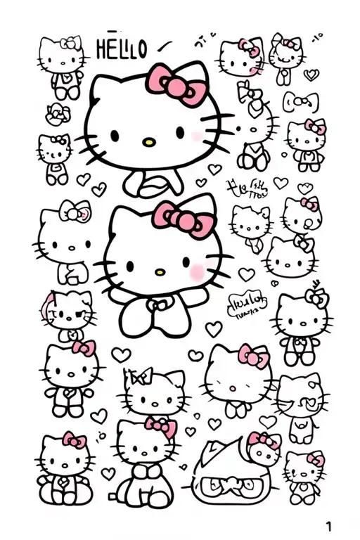 many Hello kitties in different types and hello kitty attributes and kuromi  tattoo design idea