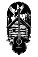 log cabin with an acoustic guitar in front and an eagle perched above. nature scene  tattoo design idea