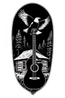 log cabin with an acoustic guitar in front and an eagle perched above. nature scene  tattoo design idea