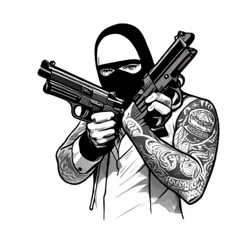 guns and man in ski mask holding tattoo design idea