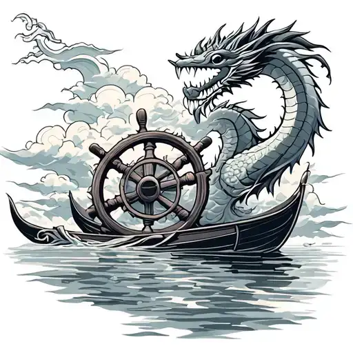 dragon boat steering wheel filled with clouds and water tattoo design idea