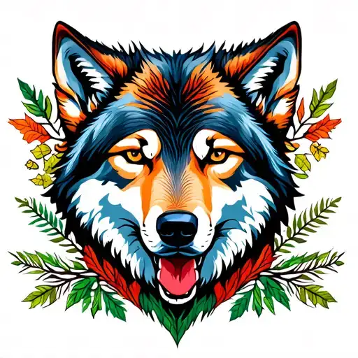 colorfull wolf and forest tattoo design idea