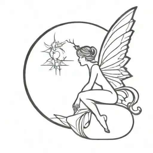 A winged fairy in the foreground, a large sun silhouette in the background, awaits the future with hope. tattoo design idea