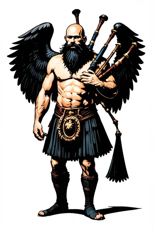 legless shirtless muscular bagpiper bald black beard playing bagpipes huge black wings black background tattoo design idea