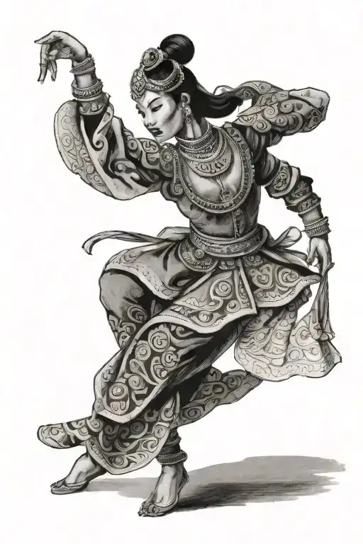 “A single female dancer from the Prince’s Guard performing a dance step with a bent leg. She is wearing a traditional gu tattoo design idea