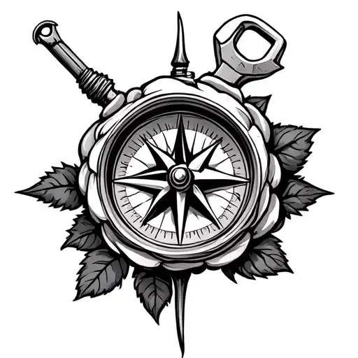 rose and spanner and piston adventure compass tattoo design idea