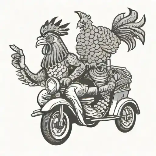 a sardine fish driving a tuk-tuk with a rooster passenger tattoo design idea
