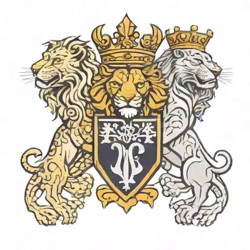 3 lions facing forward two on top one on bottom with a knights helmet facing left above them in a crest  tattoo design idea