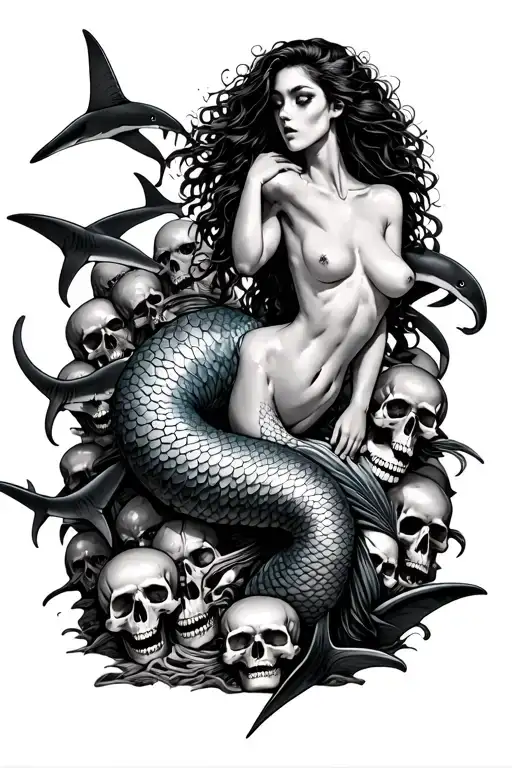 evil mermaid with mermaid tail instead of legs topless leaning on a pile of skulls surrounded by sharks tattoo design idea
