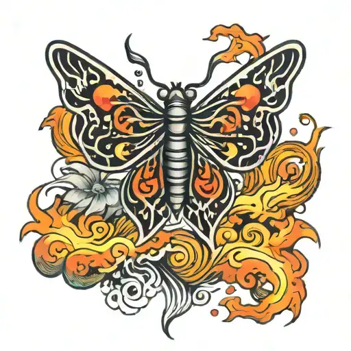 Japanese butter fly with fire flames tattoo design idea