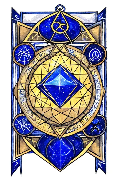 sacred geometry, esoteric symbolism, and Hermetic symbols, bold highlights of lapis lazuli blue, metatrons cube tattoo design idea