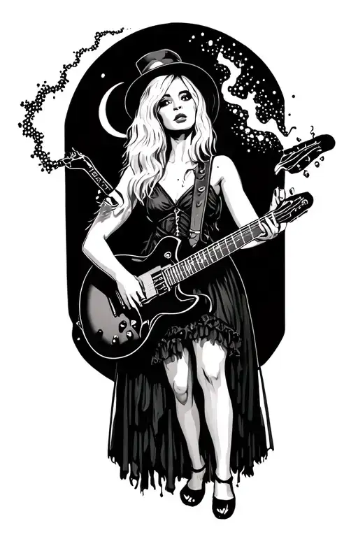 A punk rock aunt holding a guitar and casting a spell, blending your love for music and witchcraft and my blonde niece tattoo design idea