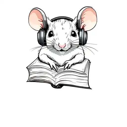 rat with headphones sleeping on a book tattoo design idea