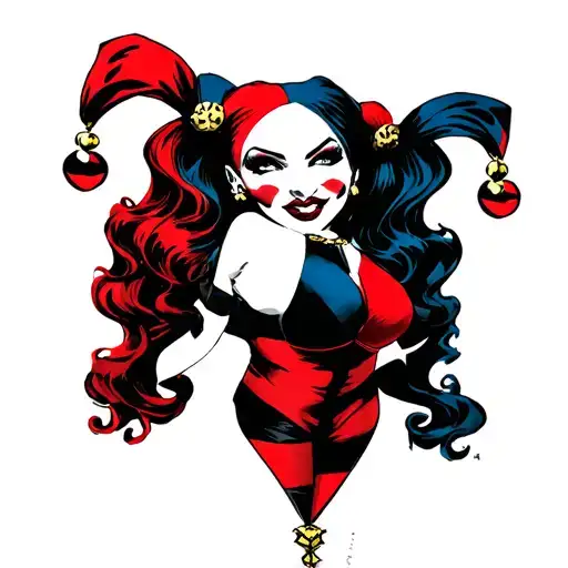harley quinn Modern comic-style pin-up Classic jester suit tattoo design idea