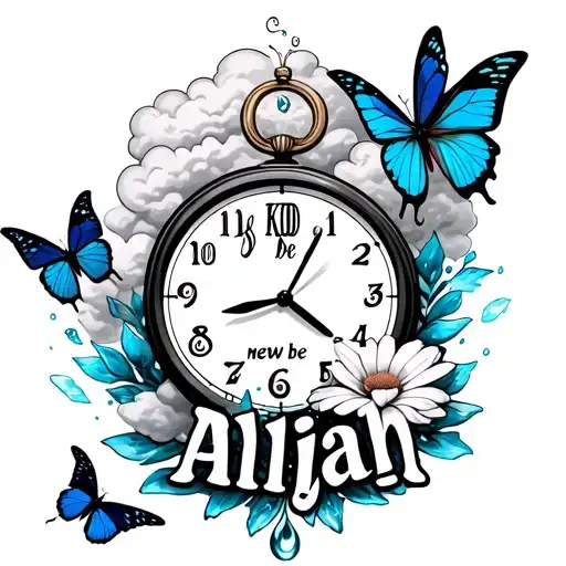 clouds surrounding the word Aaliyah with blue butterflies and a flower dropping water with a time clock labeled a new be tattoo design idea