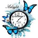 clouds surrounding the word Aaliyah with blue butterflies and a flower dropping water with a time clock labeled a new be tattoo design idea