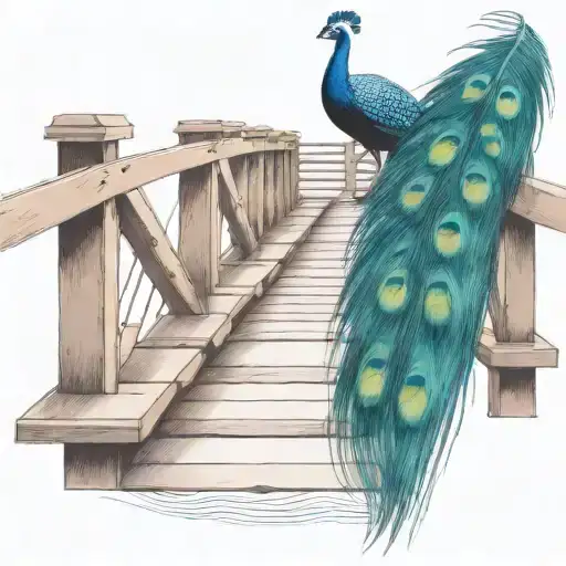 black and white wooden bridge with colorful peacock feather  tattoo design idea