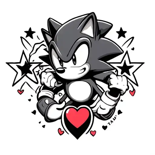 sonic the hedgehog with hearts and 5 point stars tattoo design idea